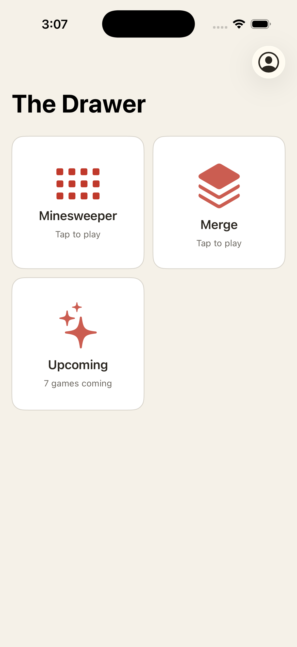 GameDrawer home screen - The Drawer with Minesweeper, Merge, and Upcoming game cards on the Classic theme