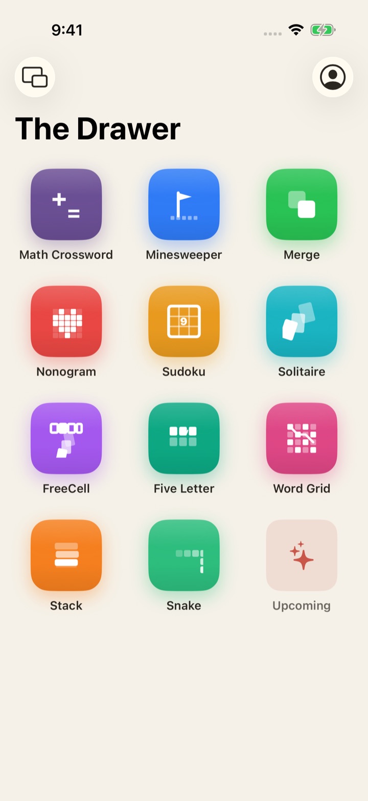 GameDrawer home screen showing eleven game tiles - Math Crossword, Minesweeper, Merge, Nonogram, Sudoku, Solitaire, FreeCell, Five Letter, Word Grid, Stack, and Snake - plus an Upcoming tile, on the Classic theme