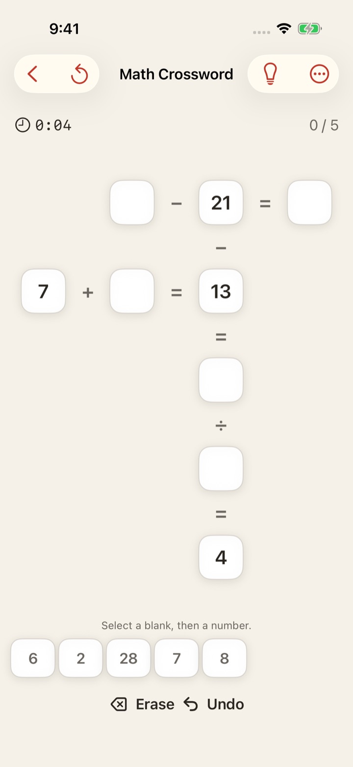 Math Crossword in GameDrawer 1.6, with crossing equations and a number bank
