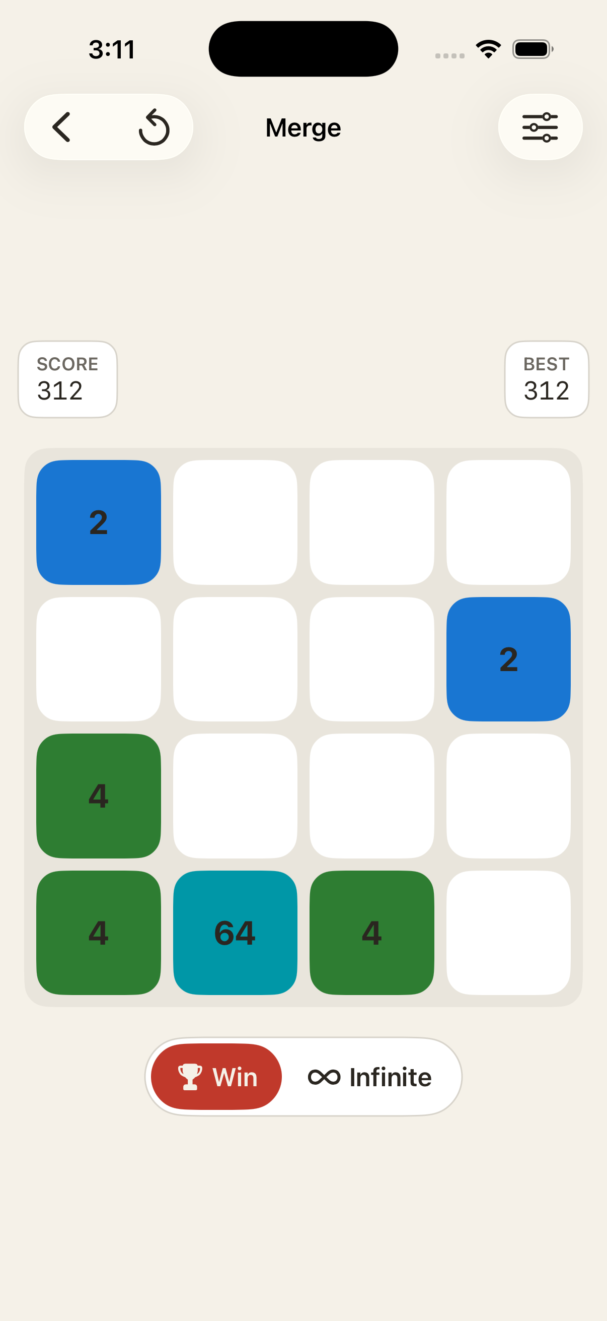 Merge mid-play with score 312, win mode, board with 2 / 4 / 64 tiles on Classic theme
