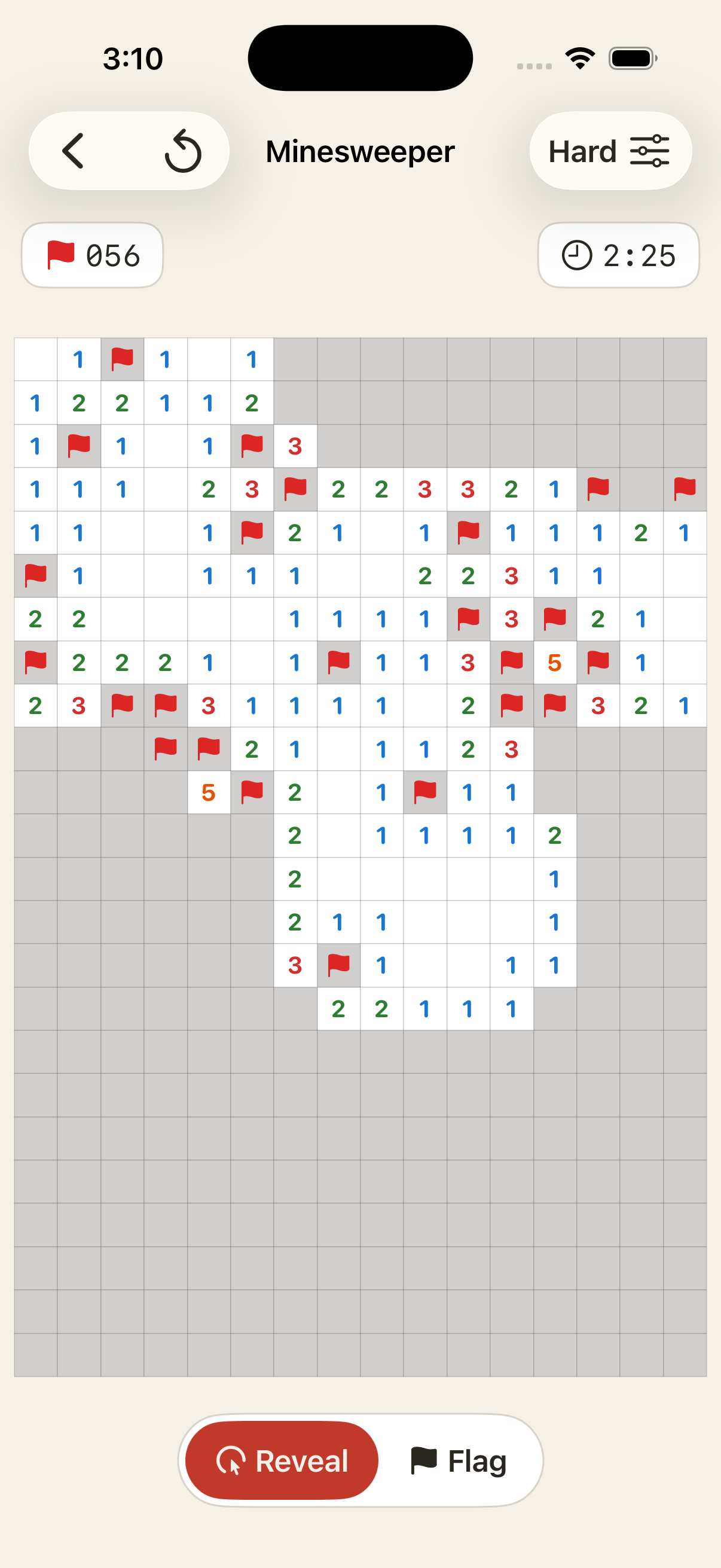 Minesweeper Hard mid-play with flagged mines and revealed numbers, Classic theme