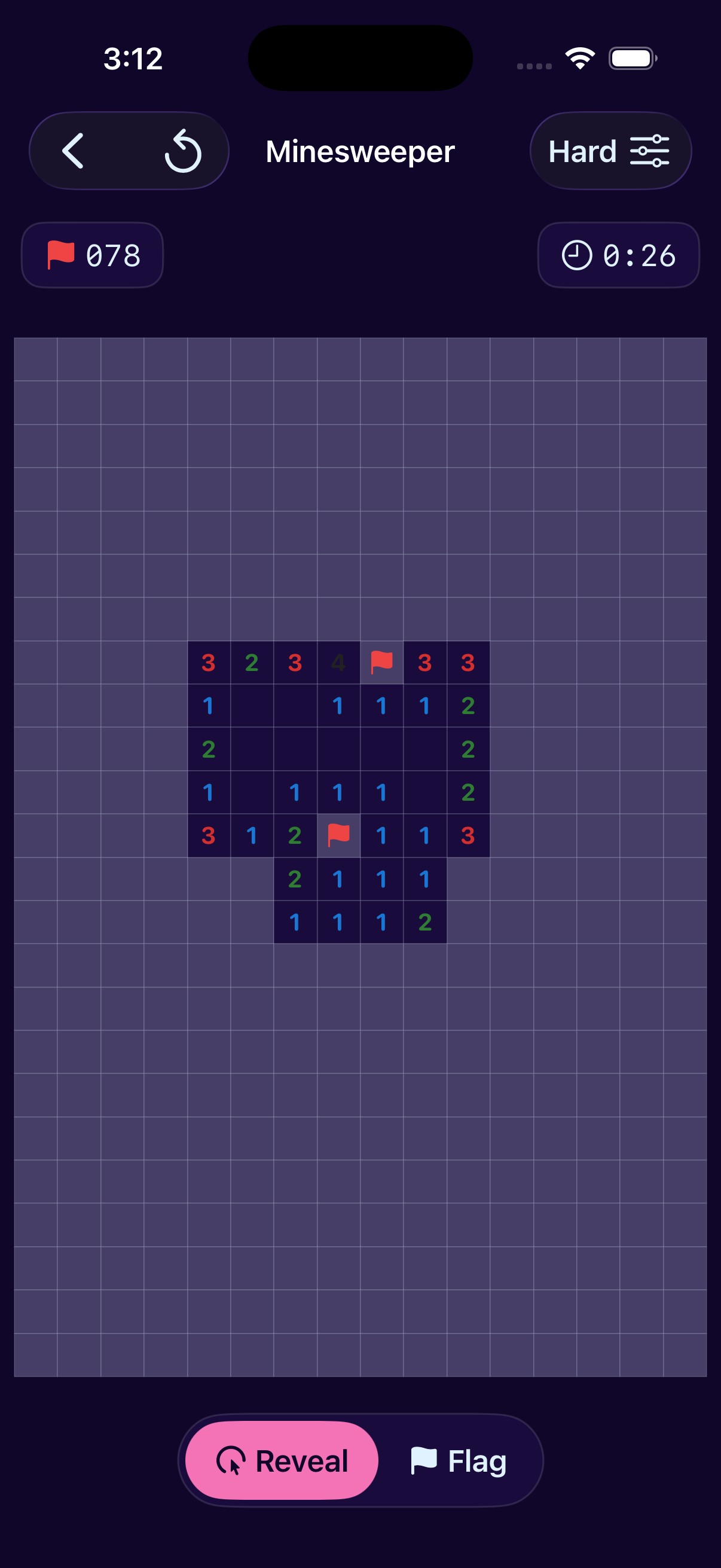 Minesweeper Hard mid-play on the Dracula theme - proves themes apply across the whole game