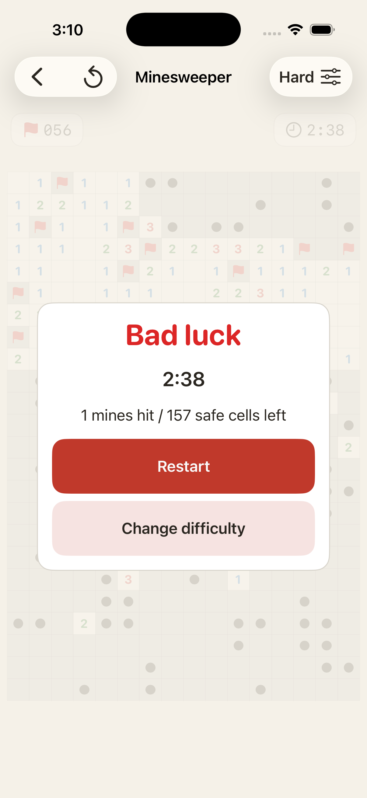 Minesweeper Hard loss screen - Bad luck modal with Restart and Change difficulty, Classic theme