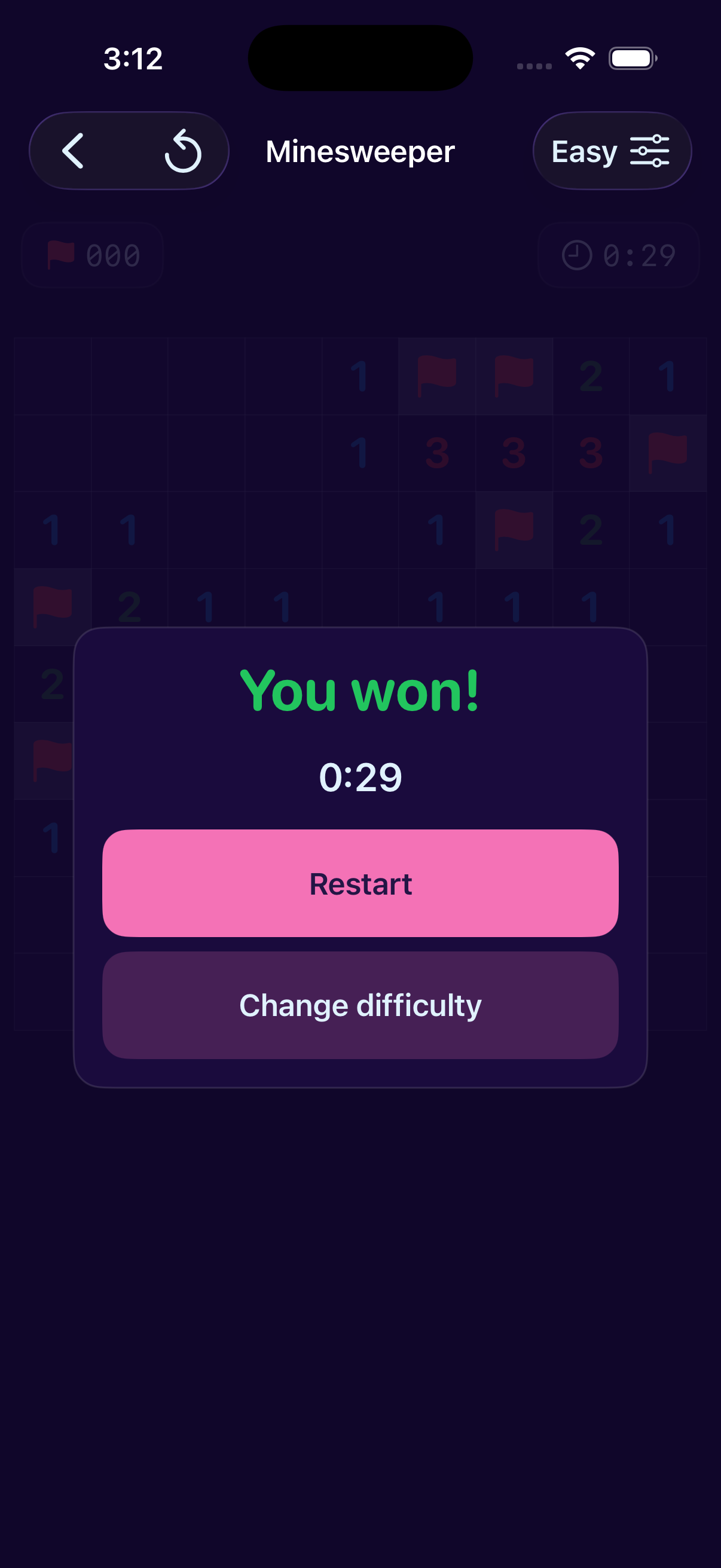 Minesweeper Easy You won! screen on the Dracula theme