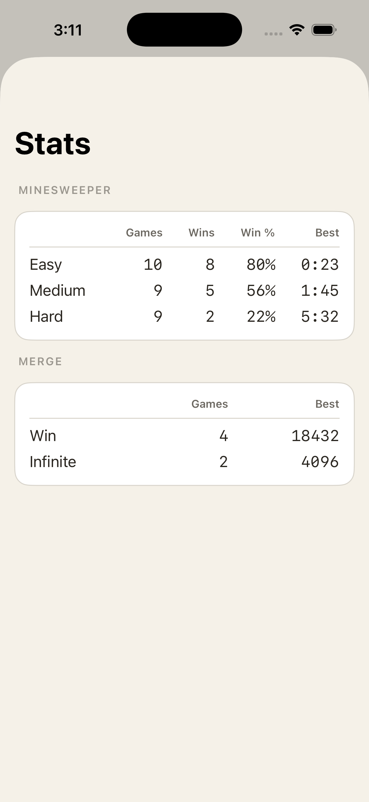 Stats tab - Minesweeper best times by difficulty and Merge best scores