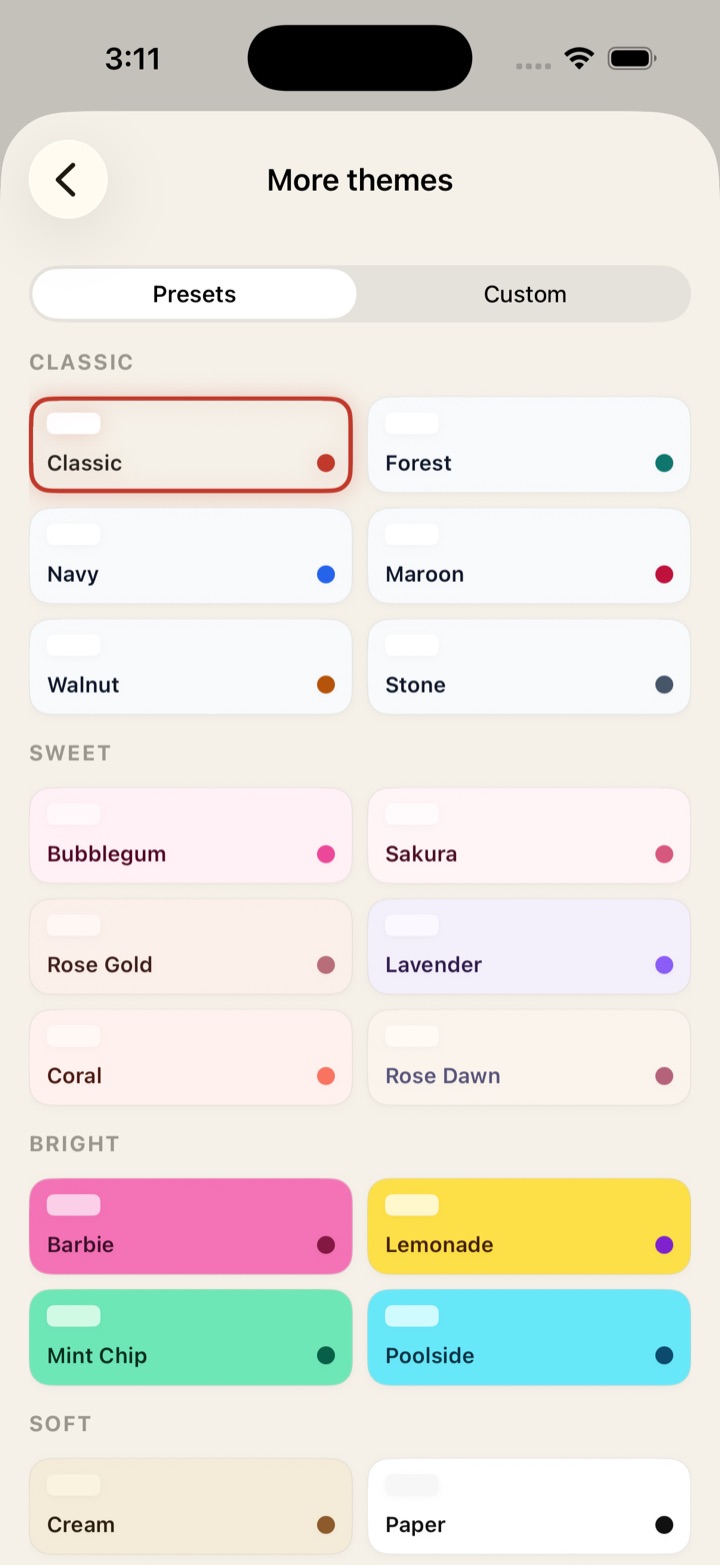 More themes picker showing Classic, Sweet, Bright, and Soft preset families
